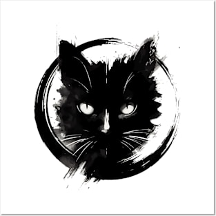 Sumie Enso Art Japanese Brushstroke Black Cat Posters and Art